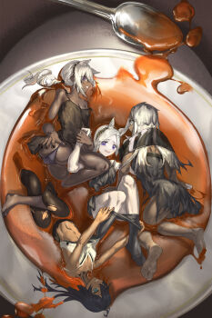 Rule 34 | 4girls, absurdres, animal ears, animal print, arknights, ass, bird girl, black dress, black hair, black nails, black panties, black pantyhose, blue eyes, breasts, camel ears, camel girl, cleavage, commentary request, creator connection, cup, dark-skinned female, dark skin, dress, feet, flint (arknights), grey hair, heavyrain (arknights), highres, in container, in cup, inam (arknights), long hair, looking at viewer, ltstarlite, multiple girls, navel, neck tattoo, panties, pantyhose, partially submerged, ponytail, purple eyes, spoon, tattoo, tea, tuye (arknights), underwear, undressing another, zebra ears, zebra girl, zebra print