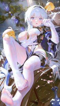 1girl absurdres ahoge azur_lane black_hairband blue_eyes breasts commentary dress elbow_gloves gloves hairband highres large_breasts lawsky long_hair looking_at_viewer mainz_(a_blend_of_serenity)_(azur_lane) mainz_(azur_lane) manjuu_(azur_lane) navel official_alternate_costume parted_lips pelvic_curtain purple_dress recliner reclining soles solo symbol-only_commentary thighhighs white_gloves white_hair white_thighhighs