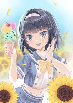 1girl :d black_hair blue_eyes blue_shirt blue_skirt bow bowtie bracelet buttons cherry commentary_request cropped_shirt falling_petals flower food fruit hair_intakes hairband hands_up heart_bracelet highres holding holding_ice_cream_cone ice_cream ice_cream_cone jewelry light_blush looking_at_viewer midriff navel open_mouth original petals quin_(himegata_alice) shirt short_hair short_sleeves skirt smile solo sunflower upper_body vignetting white_hairband yellow_bow yellow_bowtie yellow_flower yellow_petals