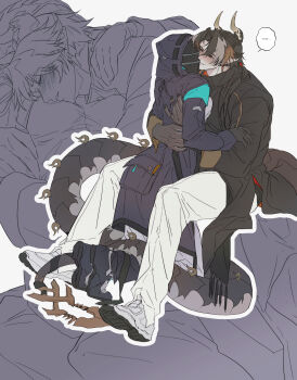 1boy 1girl absurdres arknights black_coat black_footwear black_hair black_nails blush brown_hair chongyue_(arknights) closed_eyes coat collared_coat colored_extremities commentary_request doctor_(arknights) dragon_boy dragon_horns dragon_tail earrings facing_another female_doctor_(arknights) full_body grey_hair grin hands_up hetero high_collar highres hood hood_up hooded_coat horns hug invisible_chair jewelry kneeling korean_commentary long_hair long_sleeves looking_at_another low_ponytail lying mask multicolored_hair multiple_views on_back pants pointy_ears ponytail red_eyes ribbon shoes simple_background sitting smile sneakers speech_bubble streaked_hair tail tail_around_another&#039;s_leg tail_ornament tail_ribbon tail_wrap translation_request very_long_tail walhee221 white_background white_footwear white_pants wide_sleeves
