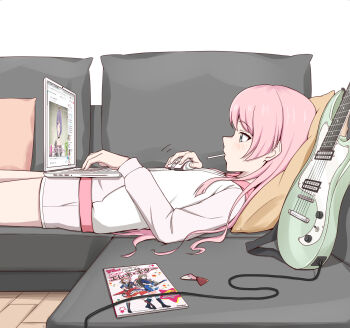 Rule 34 | 1girl, anglediana, bang dream!, bang dream! girls band party!, bang dream! it's mygo!!!!!, blush, bocchi the rock!, chihaya anon, chinese commentary, commentary request, computer mouse, electric guitar, flat chest, gotoh hitori, grey eyes, guitar, hanazono tae, hat, highres, instrument, jacket, lap, long hair, lying, nagasaki soyo, newsboy cap, on back, pink hair, plectrum, revision, shorts, solo, toyama kasumi, white jacket, white shorts, yuutenji nyamu