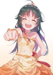 Rule 34 | 1girl, absurdres, ahoge, bare shoulders, black hair, blush, bow, bracelet, breasts, closed eyes, collarbone, dot nose, dress, gradient background, gradient hair, hair ornament, hairclip, hand on own hip, highres, idolmaster, idolmaster cinderella girls, idolmaster cinderella girls starlight stage, incoming attack, incoming punch, jewelry, long hair, multicolored hair, nanjo hikaru, necklace, open mouth, orange bow, orange dress, orange scrunchie, pearl bracelet, pearl necklace, punching, scrunchie, small breasts, smile, solo, strapless, strapless dress, teeth, tiara, upper body, upper teeth only, wrist scrunchie, yumesaki nana