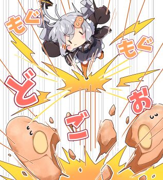 1girl :t black_dress black_shoes blush braid chibi chibi_only closed_mouth commentary_request cookie dress food food-themed_hair_ornament full_body grey_hair hair_ornament highres kizuna_akari long_hair long_sleeves mg_mg milkpanda orange_pantyhose pantyhose peanut shoes solo striped_clothes striped_pantyhose translation_request twin_braids vocaloid voiceroid white_background |_|