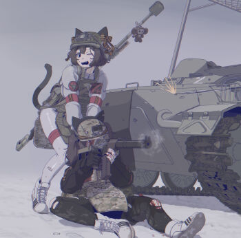 ammunition_pouch animal_ears arm_strap armored_personnel_carrier armored_vehicle b1-517 blood brown_eyes brown_hair bulletproof_vest cat_ears cat_girl cat_tail dragging firing gun helmet highres injury long_hair medium_hair military military_combat_uniform military_uniform motor_vehicle one_eye_closed open_mouth original pouch ribbon_of_saint_george rifle russo-ukrainian_war shoes skindentation sneakers sniper_rifle snow soldier tactical_clothes tail teeth thigh_strap torn_clothes upper_teeth_only vss_vintorez weapon winter z_(russian_symbol)