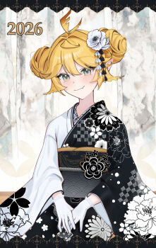 Rule 34 | 1girl, 2026, alternate costume, aqua eyes, blonde hair, closed mouth, cowboy shot, dokibird, double bun, dress, fang, floral print, flower, hair bun, hair flower, hair ornament, highres, indie virtual youtuber, japanese clothes, kalm ol, kimono, new year, pointy ears, short hair, sitting, skin fang, smile, solo, virtual youtuber, white dress