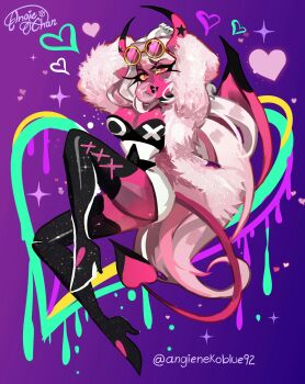 1girl angieangie-nekoblue black_boots boots breasts colored_skin demon_girl demon_horns demon_tail demon_wings dress hellaverse helluva_boss high-waist_skirt highres horns large_breasts pink_eyes pink_hair pink_skin skirt solo tail thigh_boots verosika_mayday white_dress wings