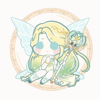 1girl animated animated_gif aqua_eyes aqua_shoes bare_shoulders blinking blonde_hair blue_wings blush_stickers brooch chibi chinese_commentary circle clothing_cutout clover clover_brooch clover_earrings commentary_request dress earrings expressionless eyelashes fairy fairy_wings first_light_of_dawn_(shining_nikki) fishnet_pantyhose fishnets four-leaf_clover gold gradient_hair green_dress green_hair hand_on_own_chest holding holding_staff jewelry long_dress long_hair long_sleeves looping_animation multicolored_hair nikki_(series) pantyhose parted_bangs parted_lips pink_dress pink_hair pink_shoes pink_wings pointy_ears purple_eyes purple_hair shining_nikki shoes shoulder_cutout sitting solid_circle_eyes solo sparkle staff two-tone_hair very_long_hair white_background white_pantyhose wings xiaoyu_qixing