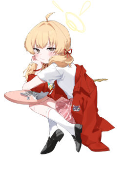 >:) 1girl absurdres ahoge black_shoes blonde_hair blue_archive blush brown_eyes closed_mouth commentary_request from_side full_body guitar hair_between_eyes hair_intakes hair_ribbon halo hand_on_own_cheek hand_on_own_face hand_up highres instrument jacket kisaka kneehighs loafers long_hair looking_at_viewer low_twintails miniskirt official_alternate_costume official_alternate_hairstyle open_clothes open_jacket pink_pupils plaid_clothes plaid_skirt pleated_skirt red_jacket red_ribbon ribbon shirt shoes short_sleeves simple_background sitting skirt smile socks solo t-shirt twintails upturned_eyes v-shaped_eyebrows white_background white_shirt white_socks yellow_halo yoshimi_(band)_(blue_archive) yoshimi_(blue_archive)