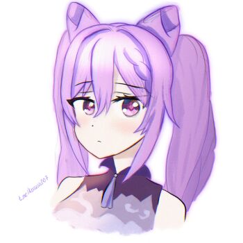 Rule 34 | 1girl, cone hair bun, double bun, genshin impact, hair bun, hair ears, highres, keqing (genshin impact), kotash, looking at viewer, purple eyes, purple hair, solo, twintails, white background