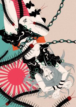 1girl arm_ribbon arms_up breasts bug centipede chain cropped_legs crossed_arms grey_hair highres himemushi_momoyo leg_ribbon leg_up limited_palette long_hair lying on_back parted_lips ribbon signature skirt solo sunburst touhou underboob upside-down yamada_satoshi