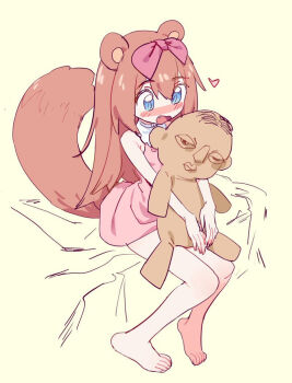 1girl animal_ears bare_legs barefoot blue_eyes blush bow chromu doll fang full_body hair_bow heart holding holding_doll indie_virtual_youtuber open_mouth pink_hair simple_background sitting solo tail virtual_youtuber