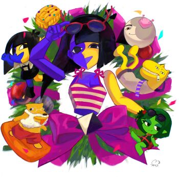 4girls beard bow breasts chibi chibi_inset christmas_wreath cleavage creator_connection crossover ena_(ena) ena_(series) ena_(web_series) eyewear_on_head facial_hair glasses hair_ornament hands_up! happy_ena highres holly_hair_ornament hourglass_dog margo_(joel_g) mask_(ena) mezo_(usagimarumei) mini_person minigirl moony_(ena) multiple_girls nacho_(ena) shorts sunglasses tongue tongue_out turron usagimarumei wreath zipper zipper_pull_tab