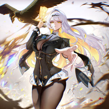 Rule 34 | 1girl, absurdres, ahoge, black jacket, black pantyhose, blonde hair, breasts, chromatic aberration, closed mouth, colored inner hair, commentary, fingernails, grey hair, hair ornament, highres, holding, holding ofuda, jacket, large breasts, long hair, long sleeves, multicolored hair, nervi fd, official alternate costume, ofuda, pantyhose, single hair intake, skirt, solo, white skirt, yellow eyes, yixuan (trails of ink) (zenless zone zero), yixuan (zenless zone zero), zenless zone zero