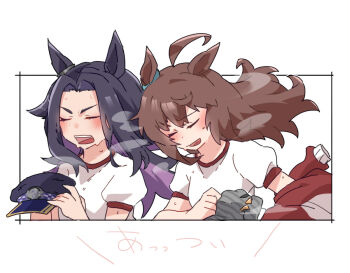 2girls ahoge animal_ears beanie beer_hsk black_hair black_hat brown_hair closed_eyes fenomeno_(umamusume) grey_hat gym_shirt hat holding holding_unworn_clothes holding_unworn_hat horse_ears jacket multicolored_hair multiple_girls nakayama_festa_(umamusume) open_mouth peaked_cap puffy_short_sleeves puffy_sleeves purple_hair red_jacket shirt short_sleeves striped_clothes striped_headwear thick_eyebrows track_jacket translation_request two-tone_hair umamusume unworn_hat unworn_headwear upper_body v-shaped_eyebrows vertical-striped_clothes vertical-striped_headwear white_background white_shirt