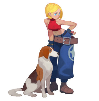 1girl blonde_hair blue_eyes blue_mary breasts commentary crop_top dog english_commentary fatal_fury fingerless_gloves fl_(l-fl) gloves highres midriff short_hair simple_background white_background