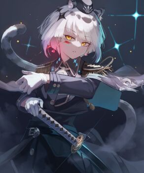 1girl animal_ears ascot belt belt_buckle blood blood_on_face breasts buckle commentary_request epaulettes gildaria_(shadowverse) gloves hat highres holding holding_sword holding_weapon ichien_ekaki jacket lapels looking_at_viewer military_jacket pillbox_hat serious shadowverse shadowverse:_worlds_beyond short_hair simple_background solo standing striped_fur striped_tail sword tail tiger_ears tiger_girl tiger_tail weapon white_ascot white_gloves white_hair wiping_face yellow_eyes