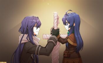 Rule 34 | ahoge, artist request, bag, black coat, black sleeves, blue eyes, blue hair, boris jinneman, brown bag, brown capelet, brown dress, brown sleeves, capelet, closed mouth, coat, cowboy shot, dress, enpera, famitsu, from side, game cg, gradient background, hair between eyes, lapels, light particles, long hair, long sidelocks, nexon, notched lapels, official art, open mouth, scarf, second-party source, shoulder bag, sidelocks, simple background, sleeve cuffs, standing, straight hair, sword, tales weaver, tales weaver: second run, turtleneck, weapon, white scarf