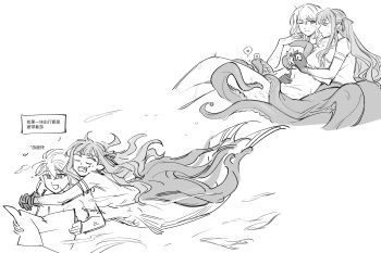 2girls absurdres arms_around_neck bang_dream! bang_dream!_it's_mygo!!!!! blush chinese_text closed_mouth commentary gradient_skin greyscale hand_on_another's_stomach highres holding holding_hands holding_map long_hair map misumi_uika monochrome monster_girl multiple_girls nideaneng nude one_eye_closed open_mouth scales scylla slime_(substance) smile speech_bubble sweatdrop tentacles togawa_sakiko translation_request two_side_up wet yuri