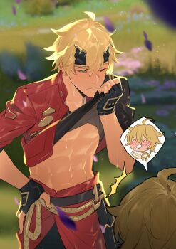 2boys abs absurdres aether_(genshin_impact) ahoge black_gloves blonde_hair blush closed_mouth fingerless_gloves genshin_impact gloves green_eyes hand_on_own_hip highres hot lan_dinh_thi_dieu looking_at_another male_focus multiple_boys one_eye_closed solo_focus standing sweat thoma_(genshin_impact) yaoi