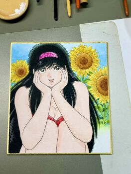 Rule 34 | 1girl, art tools in frame, asaoka natsumi, bare arms, bare shoulders, black hair, breasts, brown eyes, cleavage, commentary request, flower, hairband, hands on own cheeks, hands on own face, hands up, highres, knees up, long hair, miura mitsuru, official artist extra, open mouth, pink hairband, red shirt, shirt, smile, solo, sunflower, teeth, the kabocha wine, traditional media, upper teeth only, upturned eyes, yellow flower