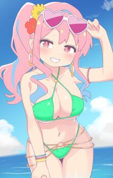 1girl arm_up artist_request beach bikini blush breasts cleavage curvy day female_focus flower flower_on_head green_bikini grin highleg highleg_bikini highres hozuki_kaede large_breasts long_hair looking_at_viewer matching_hair/eyes naughty_face navel ocean onii-chan_wa_oshimai! outdoors pink_eyes pink_hair ponytail shiny_skin side_ponytail smile solo sunglasses swimsuit thick_thighs thighs thong thong_bikini water wide_hips