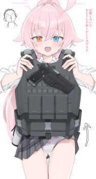 1girl absurdres ahoge blue_archive blue_eyes bulletproof_vest doodle_sensei_(blue_archive) fang gun halo heterochromia highres hoshino_(blue_archive) loli long_hair panties pink_hair plaid_clothes plaid_skirt print_panties sensei_(blue_archive) shengtian shirt skirt underwear weapon white_background white_panties white_shirt