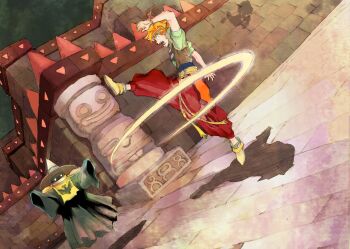 1boy absurdres ark_(tenchi_souzou) attack baggy_pants brick_wall column commentary_request dutch_angle fujiwara_kamui full_body grey_robe hat headband highres indoors leg_up magic male_focus open_mouth orange_hair pants pillar red_pants robe shadow shoes short_hair short_sleeves spiked_hair standing standing_on_one_leg surprised tenchi_souzou top_hat witch_hat y-pose yellow_eyes yellow_shoes