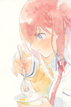 Rule 34 | 1boy, 1girl, blush, breast pocket, brown jacket, commentary request, dress shirt, eating, food, from side, holding, holding spoon, jacket, long hair, makise kurisu, necktie, okabe rintarou, pocket, pudding, purple trim, red hair, red necktie, ringed eyes, rocni, science adventure, shirt, simple background, spoon, steins;gate, upper body