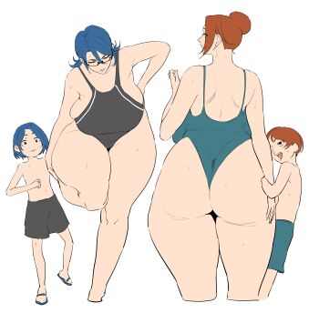 2boys 2girls age_difference breasts cleavage ecoruby highres huge_breasts large_breasts multiple_boys multiple_girls shota smile swimsuit