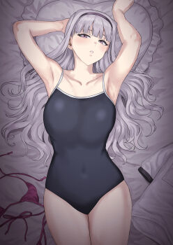 1girl arms_up black_hairband breasts collarbone commentary_request competition_school_swimsuit covered_navel grey_hair hairband head_on_pillow highres idolmaster idolmaster_(classic) large_breasts long_hair lying on_back on_bed one-piece_swimsuit pillow purple_eyes school_swimsuit shijou_takane shirt solo swimsuit tsurui unworn_bikini_top unworn_shirt