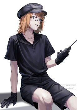 1boy black-framed_eyewear black_gloves black_hat black_shirt black_shorts collarbone commentary_request glasses gloves hat highres holding holding_walkie-talkie invisible_chair looking_to_the_side male_focus medium_hair nil_(pixiv_53614557) orange_hair randal's_friends randal_ivory rectangular_eyewear shadow shirt short_sleeves shorts simple_background sitting solo walkie-talkie white_background