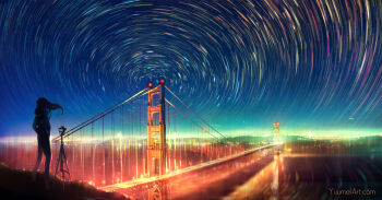 1girl bridge camera city_lights commentary facing_away female_focus floating_hair from_behind golden_gate_bridge hands_in_pockets highres long_hair motion_blur night original outdoors photo-referenced river san_francisco sky solo standing star_(sky) star_(symbol) star_trail starry_sky tripod water wind yuumei