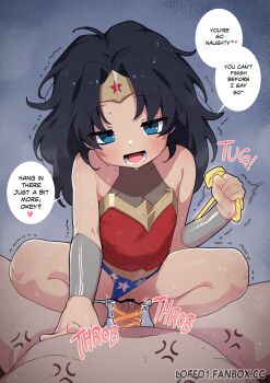 1girl absurdres aged_down bar_censor bare_shoulders black_hair blue_eyes blush censored clothed_female_nude_male dc_comics english_text femdom full_body girl_on_top hetero highres holding holding_lasso huge_filesize lasso lasso_of_truth loffo loli long_hair looking_at_viewer nude open_mouth penis pov pov_crotch pussy sex solo_focus speech_bubble squatting_cowgirl_position teeth thighs vaginal wonder_woman wonder_woman_(series)