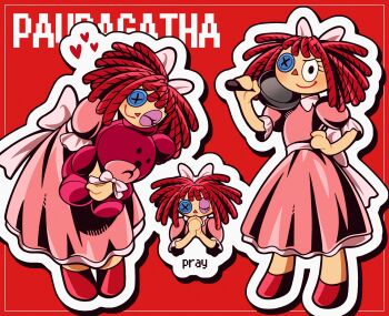 1girl black_eyes bow button_eyes buttons dress drop_shadow frying_pan hand_on_own_hip highres holding holding_frying_pan holding_stuffed_toy medium_hair mismatched_eyes multiple_views outline own_hands_together pink_dress praying puffy_short_sleeves puffy_sleeves ragatha_(the_amazing_digital_circus) red_background red_hair red_shoes shoes short_sleeves smile stuffed_animal stuffed_toy teddy_bear the_amazing_digital_circus vn35214 white_bow white_outline