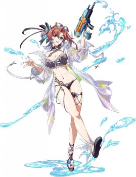 1girl :d bikini black_bikini black_ribbon blue_eyes blue_ribbon bow breasts choker cleavage criss-cross_halter curtained_hair eyewear_on_head full_body game_cg hair_between_eyes hair_bow halterneck holding holding_water_gun jacket langrisser langrisser_mobile leg_up legs looking_at_viewer medium_breasts medium_hair nail_polish navel official_alternate_costume official_art open_clothes open_jacket open_mouth platform_sandals popped_collar precia_(langrisser) puddle red_hair ribbon sandals see-through_clothes see-through_jacket simple_background smile solo splashing standing standing_on_one_leg stomach sunglasses swimsuit tachi-e thigh_strap third-party_source toenail_polish toenails toes transparent_background water water_gun wet wet_clothes