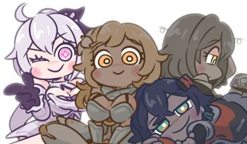 ;) ahoge bare_shoulders belle_(zenless_zone_zero) blonde_hair blue_hair blush_stickers breasts bright_pupils cellphone cho_theg cleavage commentary_request firefly_(honkai:_star_rail) genshin_impact green_eyes grey_hair hair_ornament honkai:_star_rail honkai_(series) honkai_impact_3rd kiana_kaslana large_breasts long_hair looking_at_viewer lumine_(genshin_impact) mihoyo one_eye_closed phone pink_eyes smartphone smile stelle_(honkai:_star_rail) trailblazer_(honkai:_star_rail) white_pupils yellow_eyes zenless_zone_zero