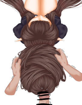 Rule 34 | 1girl, absurdres, bare legs, bebekp, brown hair, closed eyes, disembodied hand, disembodied penis, fate/apocrypha, fate (series), from above, grabbing another's hair, hair bun, hair flowing over, hair focus, hairjob, highres, holding another's hair, imminent penetration, jacket, long hair, penis, pointy ears, semiramis (fate), simple background, single hair bun, sitting, suit jacket, very long hair, white background