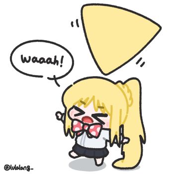 >_< 1girl ahoge black_skirt blonde_hair bocchi_the_rock! bow bowtie chibi chibi_only closed_eyes comically_huge_ahoge commentary detached_ahoge english_commentary full_body highres huge_ahoge ijichi_nijika long_hair lulalang open_mouth outstretched_arms polka_dot polka_dot_bow polka_dot_bowtie red_bow red_bowtie shirt simple_background skirt solo speech_bubble standing standing_on_one_leg twitter_username white_background white_shirt