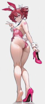 1girl ahoge animal_ear_hairband animal_ears arm_tattoo breasts character_name_tattoo closed_mouth corrupted_twitter_file detached_collar dress drill_hair fake_animal_ears fake_tail feet full_body hair_ribbon hairband high_heels highres holding holding_shoes holding_unworn_clothes kasane_teto kasane_teto_(sv) kneepits leotard looking_at_viewer looking_back lucasafontes medium_breasts nail_polish number_tattoo pink_leotard pink_nails pink_shoes playboy_bunny rabbit_ears rabbit_tail red_eyes red_hair ribbon shoe_soles shoes sideboob simple_background single_bare_foot single_shoe soles solo standing strapless strapless_leotard synthesizer_v tail tattoo twin_drills unworn_shoes utau v white_background white_dress white_ribbon white_wrist_cuffs wrist_cuffs