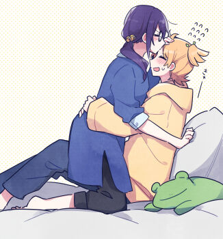 Rule 34 | 2girls, :3, :d, = =, ^ ^, absurdres, adjusting another's hair, arm support, barefoot, bed sheet, bell, black-framed eyewear, black pants, blonde hair, blue coat, blue pants, blush, cetacea kw, closed eyes, coat, commentary request, daiba nana, dotted background, face-to-face, feet out of frame, flying sweatdrops, from side, glasses, green ribbon, hair bell, hair ornament, hair ribbon, highres, hood, hood down, hoodie, hoshimi junna, hug, kiss, kissing forehead, kneeling, leaning back, leaning forward, long hair, long sleeves, low side ponytail, multiple girls, open mouth, pants, pillow, profile, purple hair, ribbon, short hair, shoujo kageki revue starlight, side ponytail, side slit, sidelocks, sideways mouth, sitting, small sweatdrop, smile, stuffed animal, stuffed frog, stuffed toy, three-quarter sleeves, translation request, two-tone background, white background, yellow background, yellow hoodie, yuri