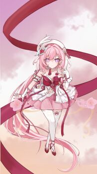 1girl absurdres beret breasts chinese_commentary cleavage commentary_request diamond-shaped_pupils diamond_(shape) dress earrings elf elysia_(hi_love_elf)_(honkai_impact) elysia_(honkai_impact) gloves hat heart heart_earrings high_heels highres honkai_(series) honkai_impact_3rd jewelry large_breasts long_hair multicolored_dress pink_dress pink_hair pink_sky pointy_ears purple_eyes red_dress sky smile solo symbol-shaped_pupils thighhighs very_long_hair white_dress white_gloves white_thighhighs xixi7564