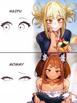 1boy 2girls absurdres anal_beads anal_tail animal_ears blonde_hair blush blush_stickers boku_no_hero_academia breasts brown_eyes brown_hair butt_plug cleavage collarbone commentary commission double_bun fake_animal_ears fake_tail food hair_bun highres holding holding_food looking_at_viewer medium_breasts meme midoriya_izuku multiple_girls pov scar scar_on_arm scar_on_hand short_hair smile spanish_commentary tail toga_himiko uraraka_ochako vlizz waifu_or_mommy_(meme) yellow_eyes