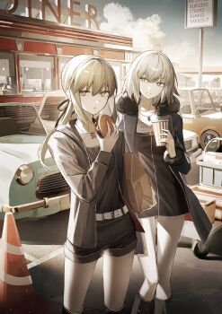 2girls ahoge artoria_pendragon_(fate) belt black_dress black_ribbon black_shorts blonde_hair blue_coat breasts burger coat cross cross_necklace diner dress drink fate/grand_order fate_(series) food full-length_zipper fur-trimmed_coat fur-trimmed_jacket fur-trimmed_sleeves fur_trim highres holding holding_drink holding_food jacket jeanne_d'arc_alter_(avenger)_(fate) jeanne_d'arc_alter_(fate) jeanne_d'arc_alter_(ver._shinjuku_1999)_(fate) jewelry long_hair long_sleeves low_ponytail multiple_girls necklace official_alternate_costume open_clothes open_coat ponytail ribbon saber_alter saber_alter_(ver._shinjuku_1999) short_dress short_hair shorts tamitami white_hair yellow_eyes zipper zipper_dress