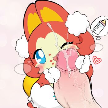 1girl absurdres animal_focus animal_sexualization baby_bottle bestiality blush blush_stickers bottle breath cocotama_(series) cum cum_on_body disembodied_penis erection facial fellatio girthy_penis heart highres licking licking_penis oral penis penis_nursing penis_on_cheek pink_background pokarin_(cocotama) red_leopard simple_background size_difference solo_focus speech_bubble spoken_object thought_bubble tongue tongue_out veins veiny_penis
