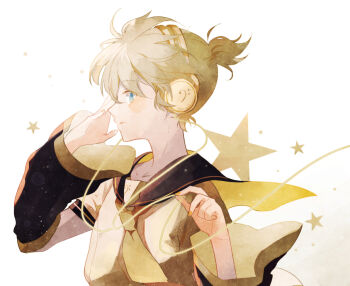 1boy 81kaia bass_clef bishounen black_sailor_collar blonde_hair blue_eyes cable closed_mouth detached_sleeves floating_clothes hand_on_own_face hands_up headphones high_ponytail holding holding_cable kagamine_len male_focus necktie orange_nails pinching ponytail profile sailor_collar shirt short_ponytail short_sleeves solo star_(symbol) star_symbol_background vocaloid white_background white_shirt wide_sleeves yellow_necktie yellow_theme