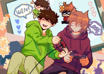 2boys animification black_pants brown_hair chibi chibi_inset closed_eyes commentary_request controller edd_(eddsworld) eddsworld english_text green_hoodie green_pants hair_ears heart holding holding_controller hood hood_down hoodie korean_commentary lina_hsb_csy long_sleeves looking_at_another male_focus multiple_boys open_mouth pants playing_games red_hoodie short_hair sitting smile star_(symbol) tord_(eddsworld)