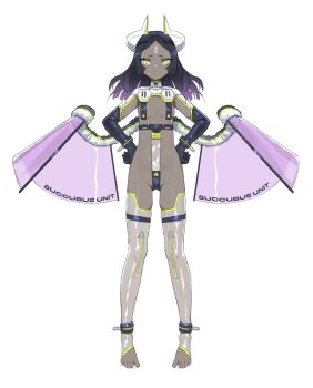 1girl absurdres android anklet armpit_crease barcode barcode_tattoo bare_hips belt belt_around_waist black_belt black_gloves black_hair body_writing bracelet breasts chest_harness collar colored_tips commentary crotch crotch_strap curled_fingers dark-skinned_female dark_skin demon_girl demon_horns demon_wings dot_nose elbow_gloves english_commentary english_text feet forehead frown full_body furrowed_brow gloves gluteal_fold gradient_hair green_eyes green_trim groin hair_intakes hair_spread_out half-closed_eyes hands_on_own_hips harness high_collar highres horns invisible_floor jewelry latex latex_gloves latex_thighhighs legs_apart light_frown long_eyelashes long_hair long_legs looking_at_viewer mechanical_horns mechanical_wings multicolored_hair multiple_belts naked_belt narrowed_eyes navel o-ring original parted_bangs pout purple_hair purple_wings revealing_clothes see-through_clothes shoulder_pads sideboob sign simple_background skindentation slit_pupils small_breasts solo spread_wings standing stirrup_legwear straight-on tachi-e tattoo thick_eyelashes thighhighs toeless_legwear toes transparent_wings tsurime two-tone_hair underboob vertigris warning_sign white_background white_horns white_thighhighs wings zipper zipper_pull_tab