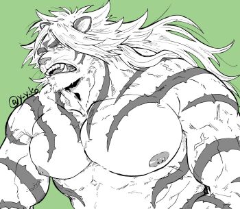 1boy abs animal_ears bara frown furry furry_male green_background greyscale_with_colored_background highres huge_eyebrows huge_pectorals looking_at_viewer macan_(housamo) male_focus muscular muscular_male nipples nude solo strongman_waist tattoo tiger_boy tiger_ears tokyo_houkago_summoners tribal_tattoo tsurime upper_body veins veiny_arms yayuko