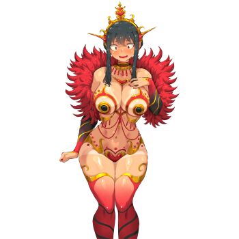 1girl bare_shoulders bikini_tan black_hair blush breasts clothing_request hand_on_own_chest headpiece highres huge_breasts jk_arts large_breasts long_hair navel pasties red_eyes samba short_hair sidelocks simple_background solo spy_x_family stomach tan tanline transparent_background yor_briar