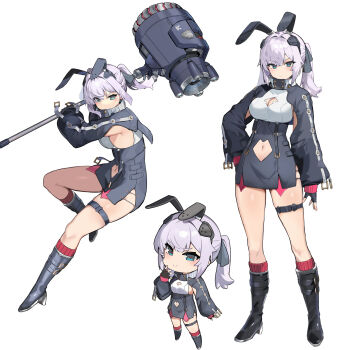 1girl black_boots boots breasts commentary green_eyes grey_jacket highres jacket looking_at_viewer medium_breasts navel original purple_hair red_socks ryou_(ponpgo) simple_background socks thigh_strap thighs twintails white_background